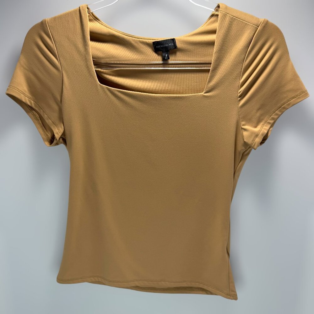 Buckle Black Camel Square Neck Short Sleeve Stretch Top